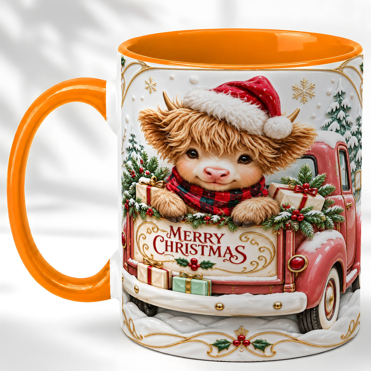 #pl[11oz|Orange] Christmas Cow Coffee Mug, Holiday Truck Mug, Ceramic Cup