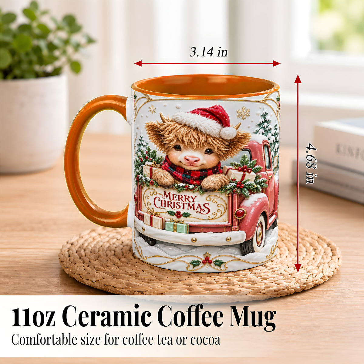 #pl[11oz|Orange] Christmas Cow Coffee Mug, Holiday Truck Mug, Ceramic Cup