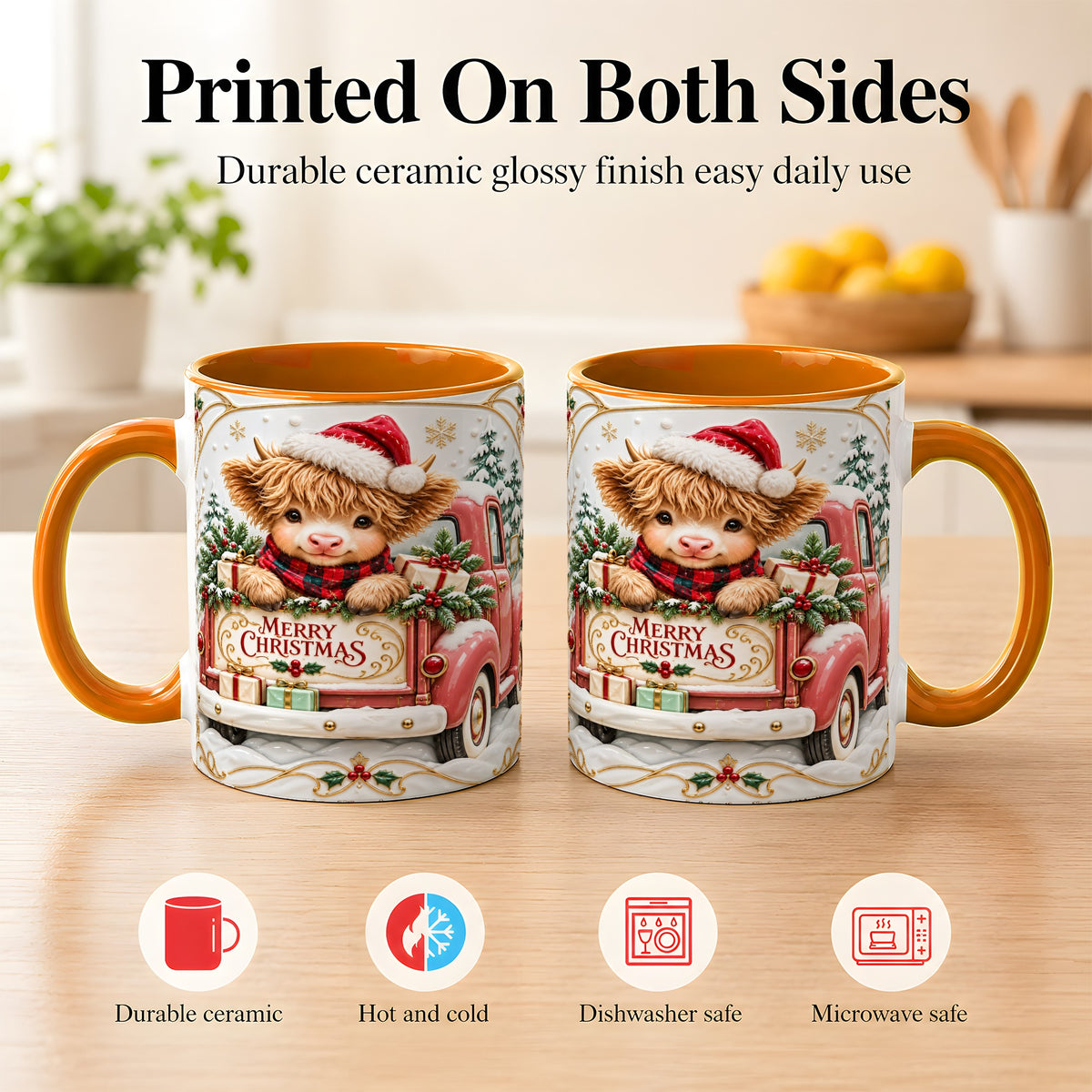 #pl[11oz|Orange] Christmas Cow Coffee Mug, Holiday Truck Mug, Ceramic Cup