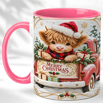 #pl[11oz|Pink] Christmas Cow Coffee Mug, Holiday Truck Mug, Ceramic Cup