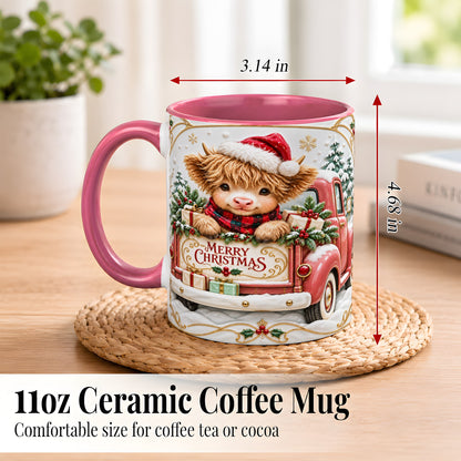#pl[11oz|Pink] Christmas Cow Coffee Mug, Holiday Truck Mug, Ceramic Cup