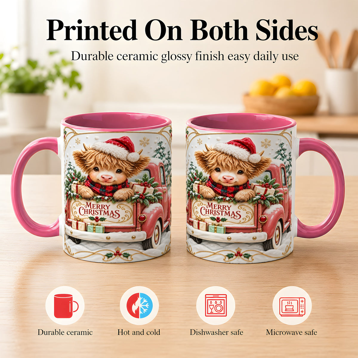 #pl[11oz|Pink] Christmas Cow Coffee Mug, Holiday Truck Mug, Ceramic Cup