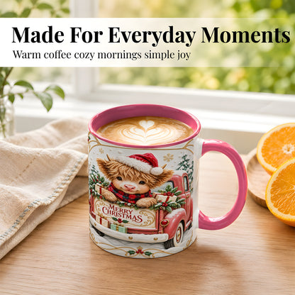 #pl[11oz|Pink] Christmas Cow Coffee Mug, Holiday Truck Mug, Ceramic Cup