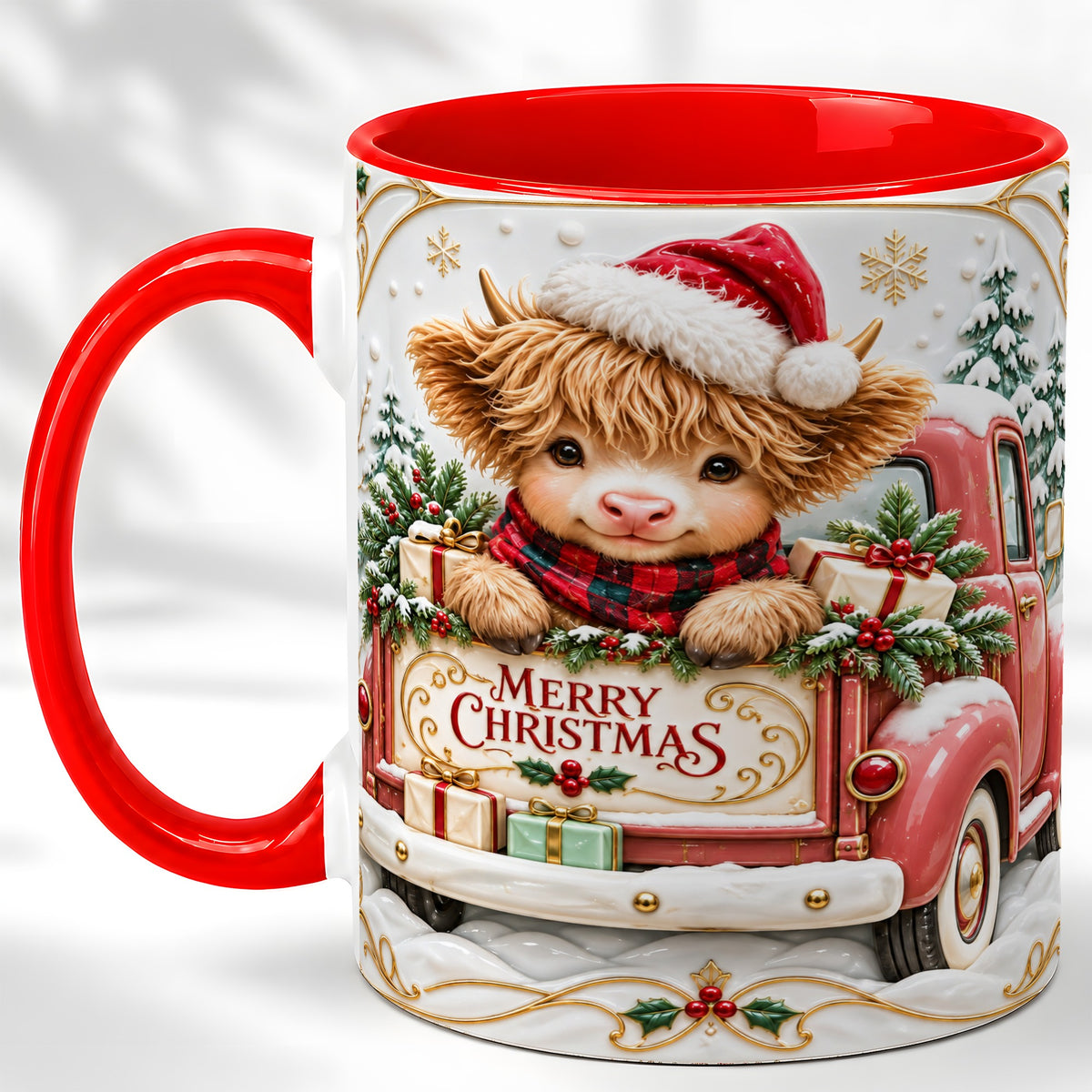 #pl[11oz|Red] Christmas Cow Coffee Mug, Holiday Truck Mug, Ceramic Cup