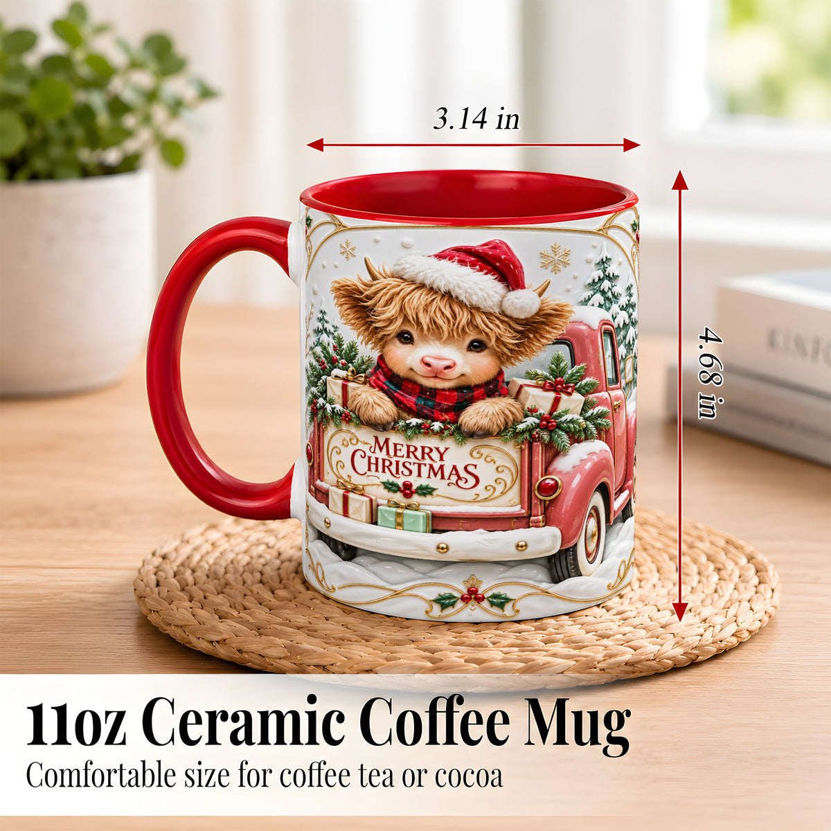 #pl[11oz|Red] Christmas Cow Coffee Mug, Holiday Truck Mug, Ceramic Cup