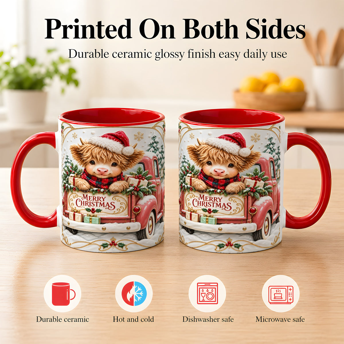 #pl[11oz|Red] Christmas Cow Coffee Mug, Holiday Truck Mug, Ceramic Cup