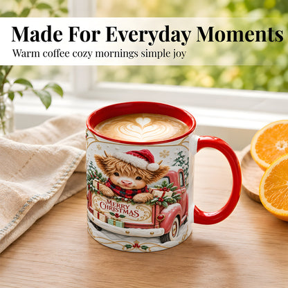 #pl[11oz|Red] Christmas Cow Coffee Mug, Holiday Truck Mug, Ceramic Cup