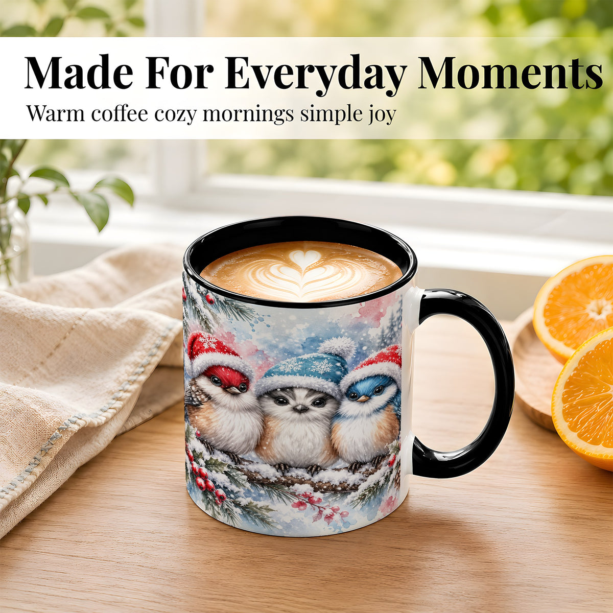 #pl[11oz|Black] Christmas Birds Coffee Mug, Winter Songbird Mug, Ceramic Cup