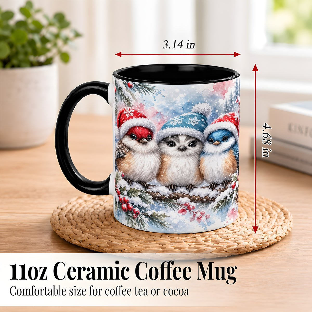 #pl[11oz|Black] Christmas Birds Coffee Mug, Winter Songbird Mug, Ceramic Cup