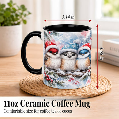 #pl[11oz|Black] Christmas Birds Coffee Mug, Winter Songbird Mug, Ceramic Cup
