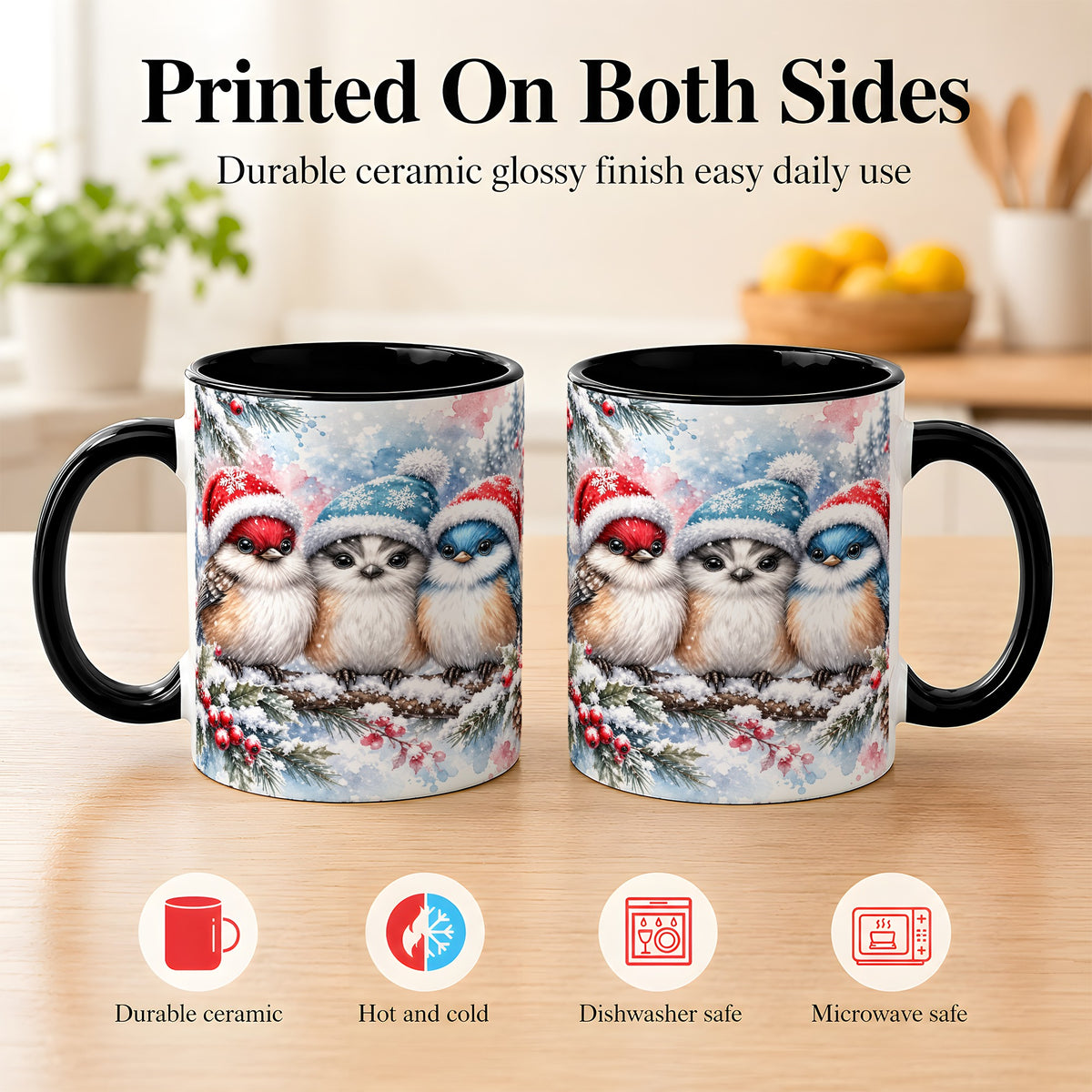 #pl[11oz|Black] Christmas Birds Coffee Mug, Winter Songbird Mug, Ceramic Cup