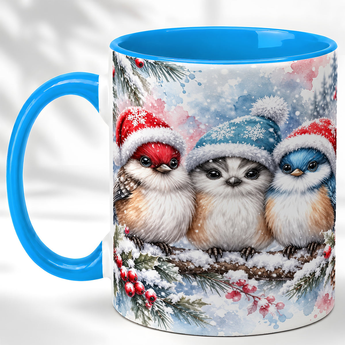 #pl[11oz|Blue] Christmas Birds Coffee Mug, Winter Songbird Mug, Ceramic Cup