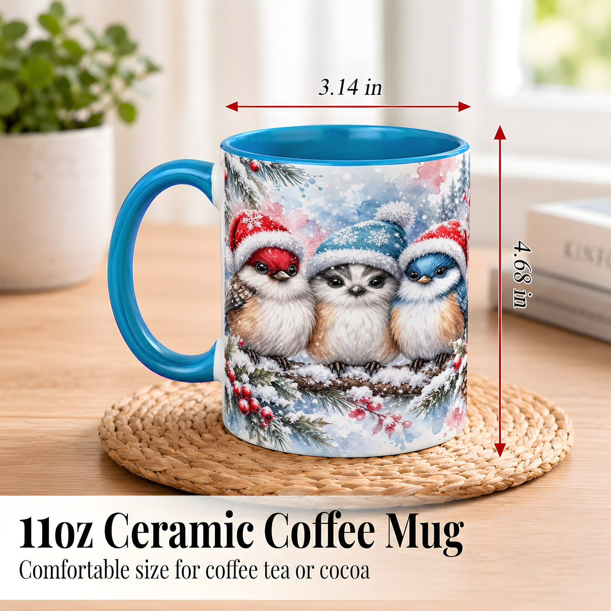 #pl[11oz|Blue] Christmas Birds Coffee Mug, Winter Songbird Mug, Ceramic Cup