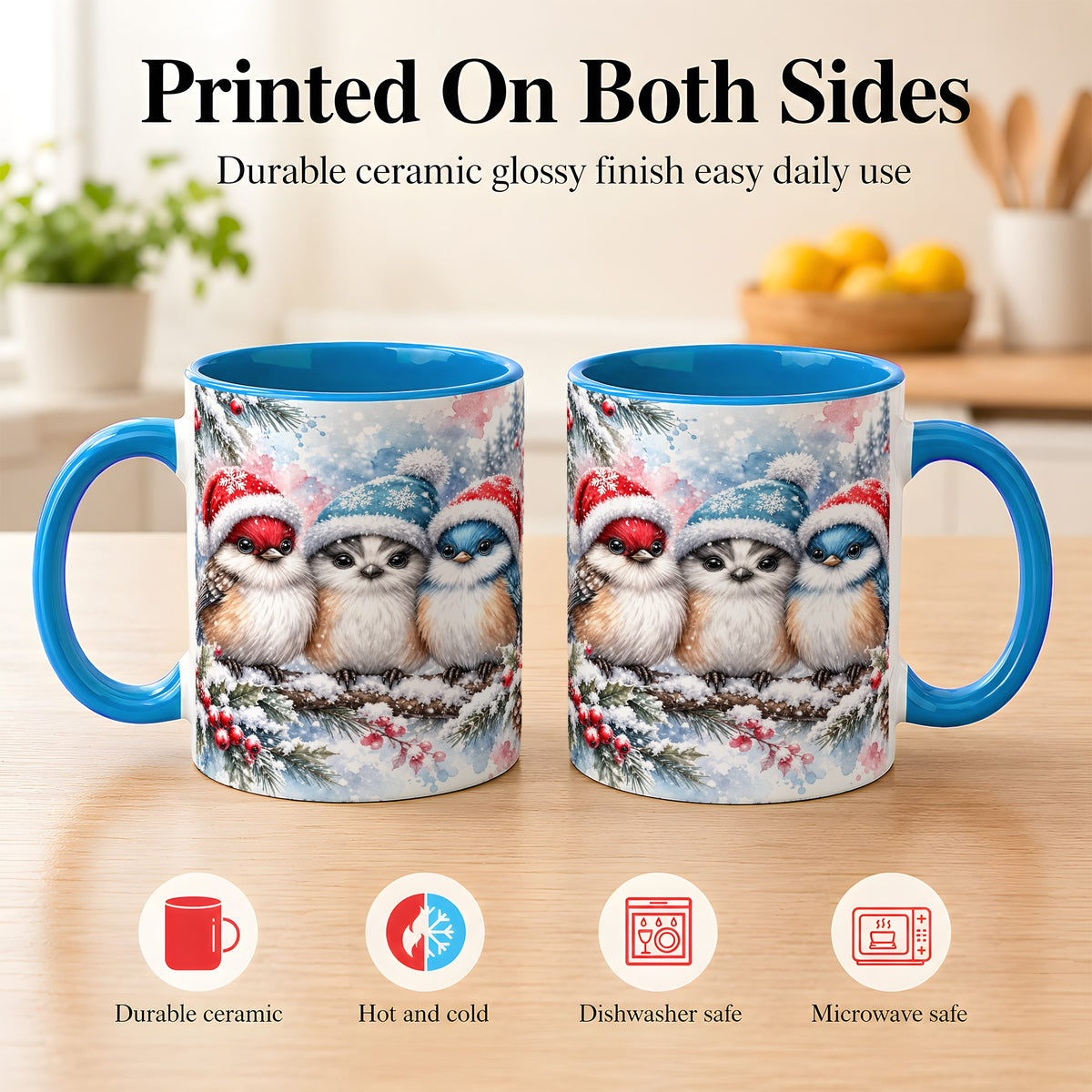 #pl[11oz|Blue] Christmas Birds Coffee Mug, Winter Songbird Mug, Ceramic Cup