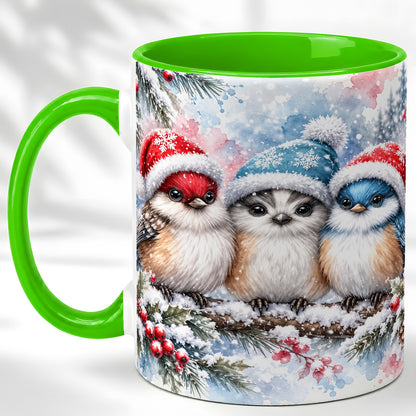 #pl[11oz|Green] Christmas Birds Coffee Mug, Winter Songbird Mug, Ceramic Cup