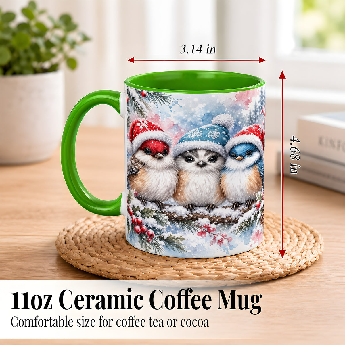 #pl[11oz|Green] Christmas Birds Coffee Mug, Winter Songbird Mug, Ceramic Cup