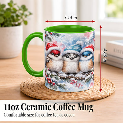 #pl[11oz|Green] Christmas Birds Coffee Mug, Winter Songbird Mug, Ceramic Cup