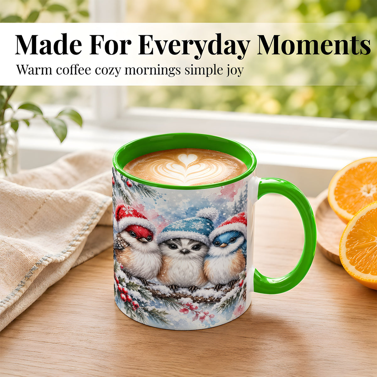 #pl[11oz|Green] Christmas Birds Coffee Mug, Winter Songbird Mug, Ceramic Cup