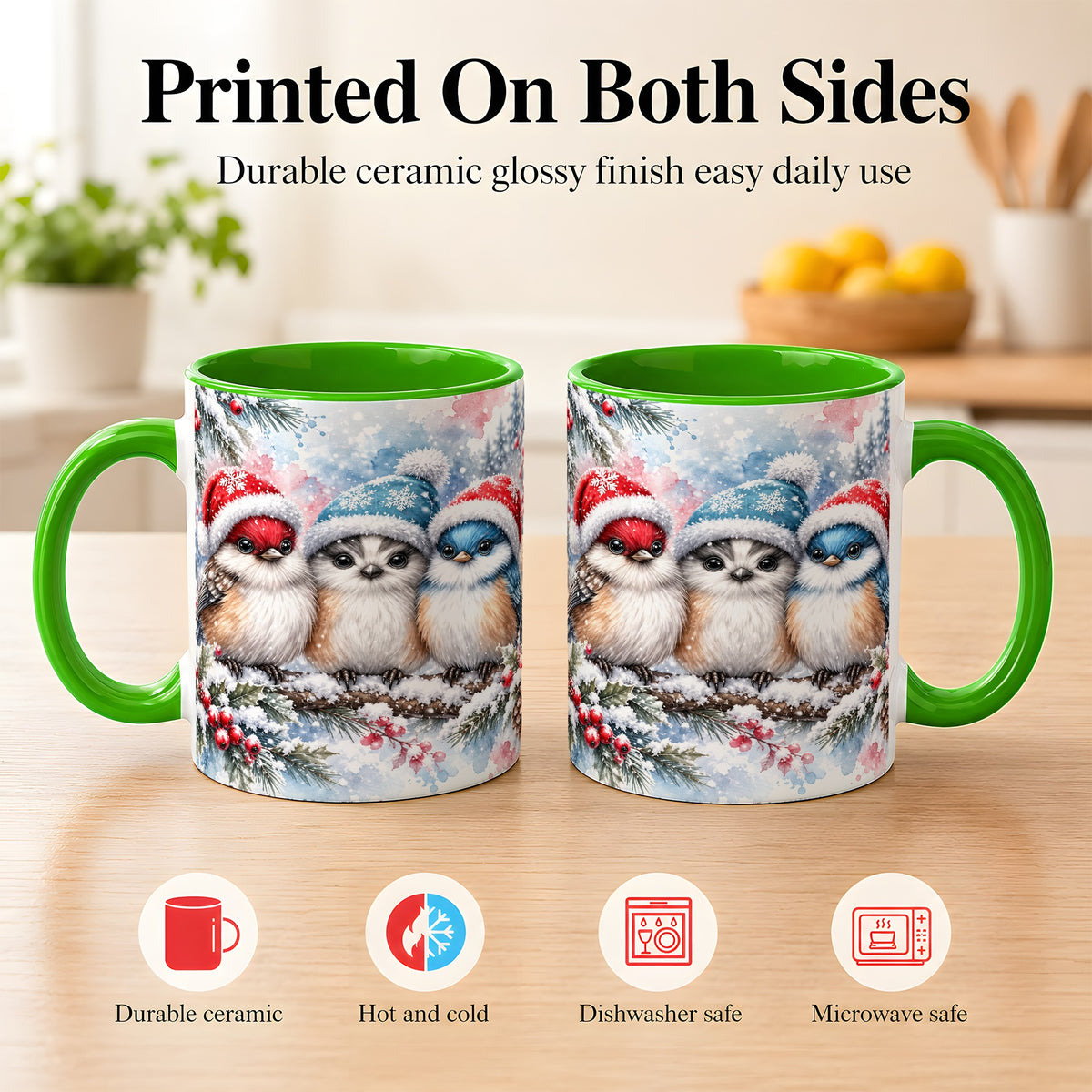 #pl[11oz|Green] Christmas Birds Coffee Mug, Winter Songbird Mug, Ceramic Cup