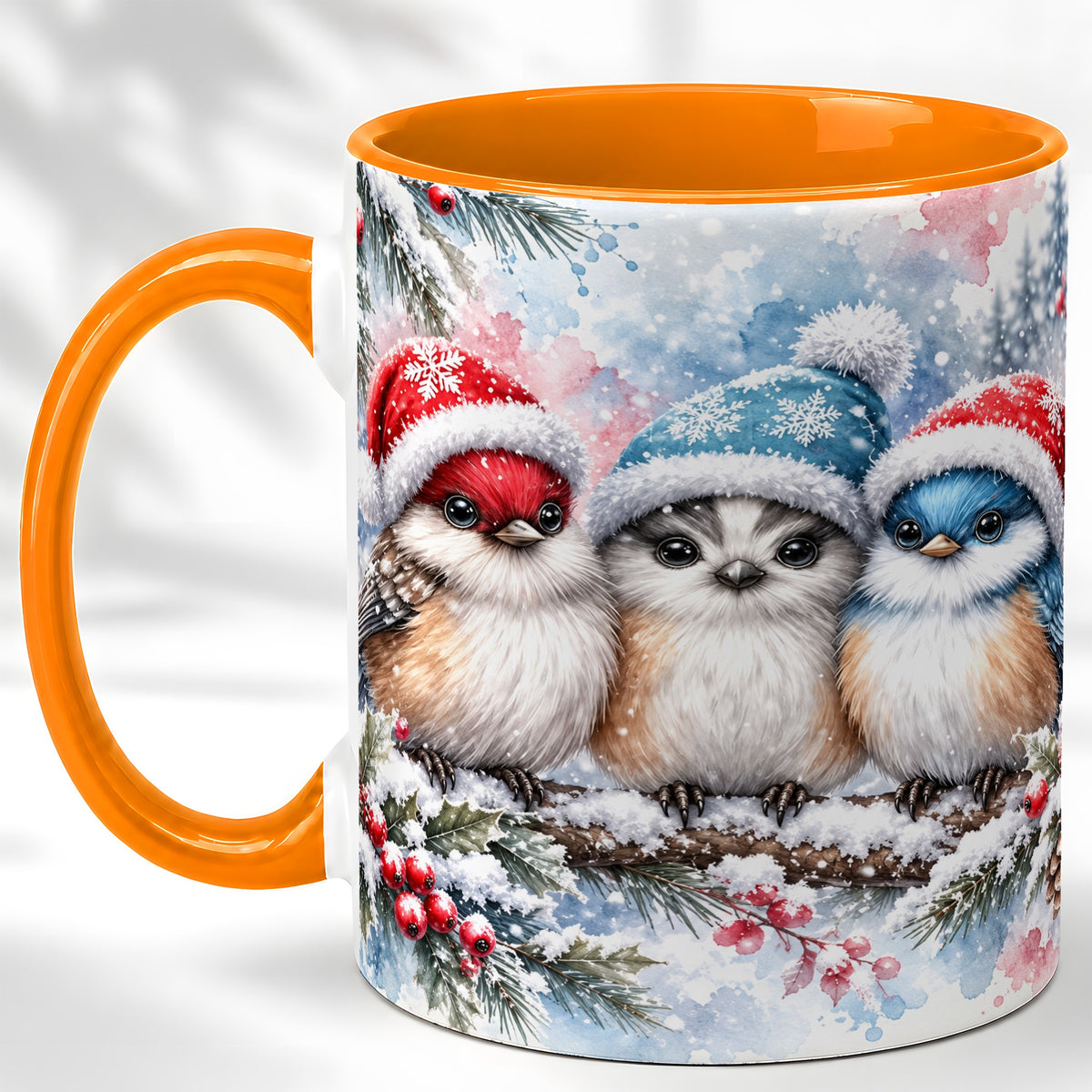 #pl[11oz|Orange] Christmas Birds Coffee Mug, Winter Songbird Mug, Ceramic Cup
