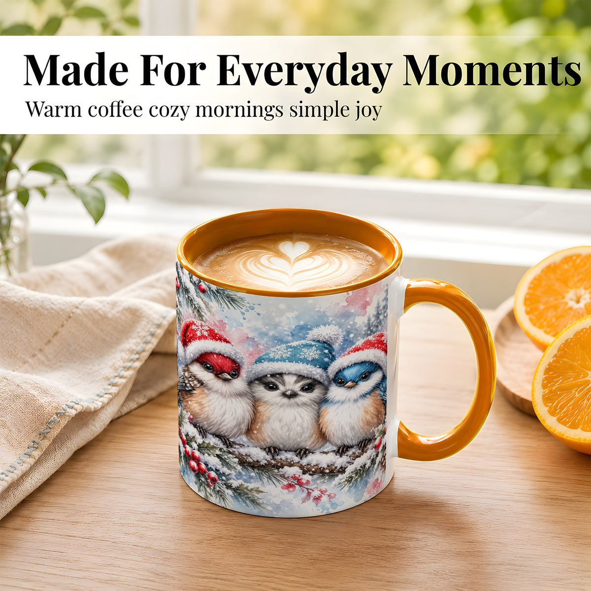 #pl[11oz|Orange] Christmas Birds Coffee Mug, Winter Songbird Mug, Ceramic Cup