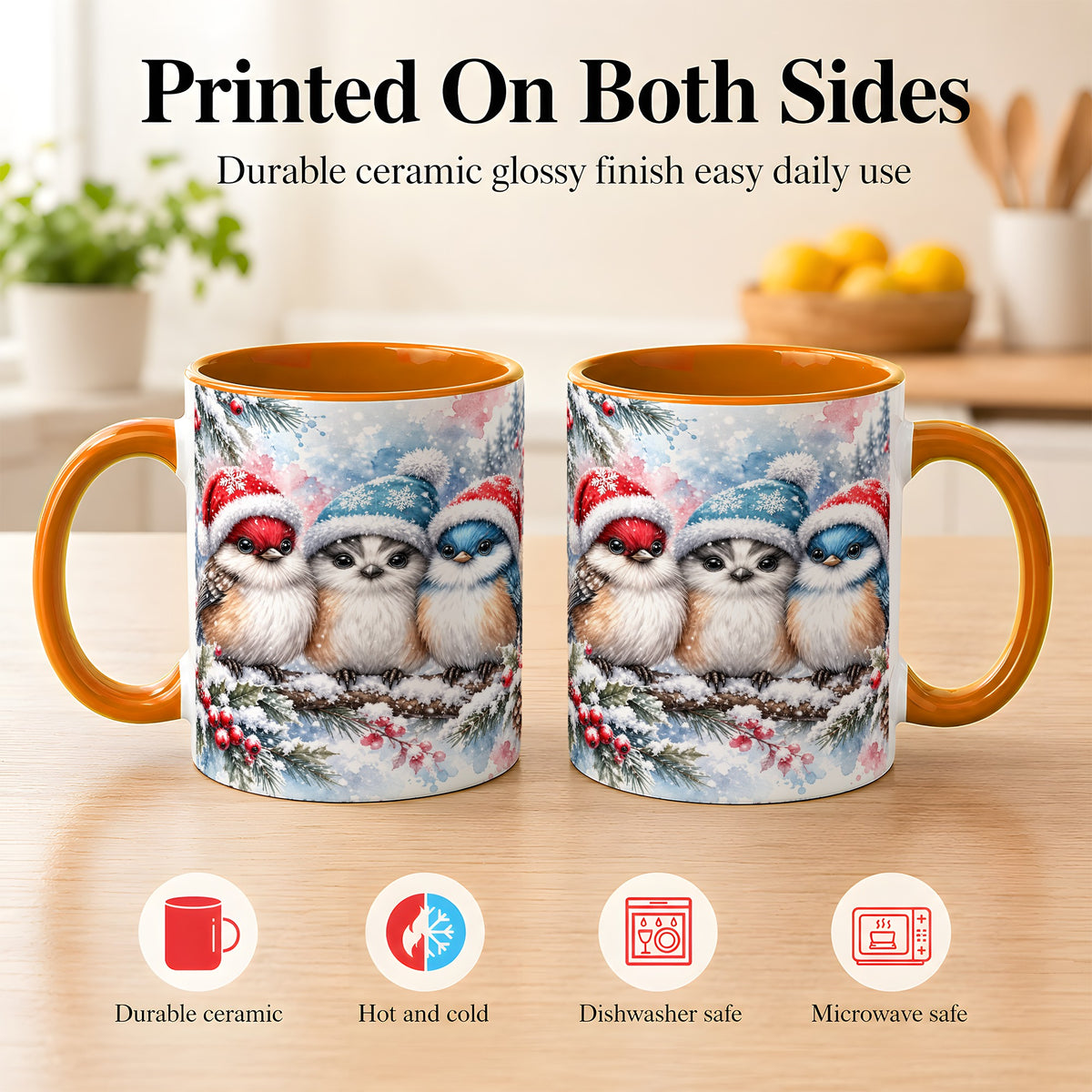 #pl[11oz|Orange] Christmas Birds Coffee Mug, Winter Songbird Mug, Ceramic Cup