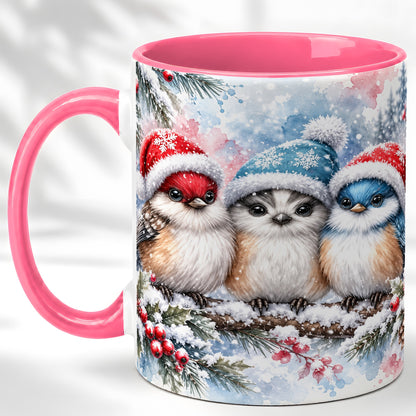 #pl[11oz|Pink] Christmas Birds Coffee Mug, Winter Songbird Mug, Ceramic Cup