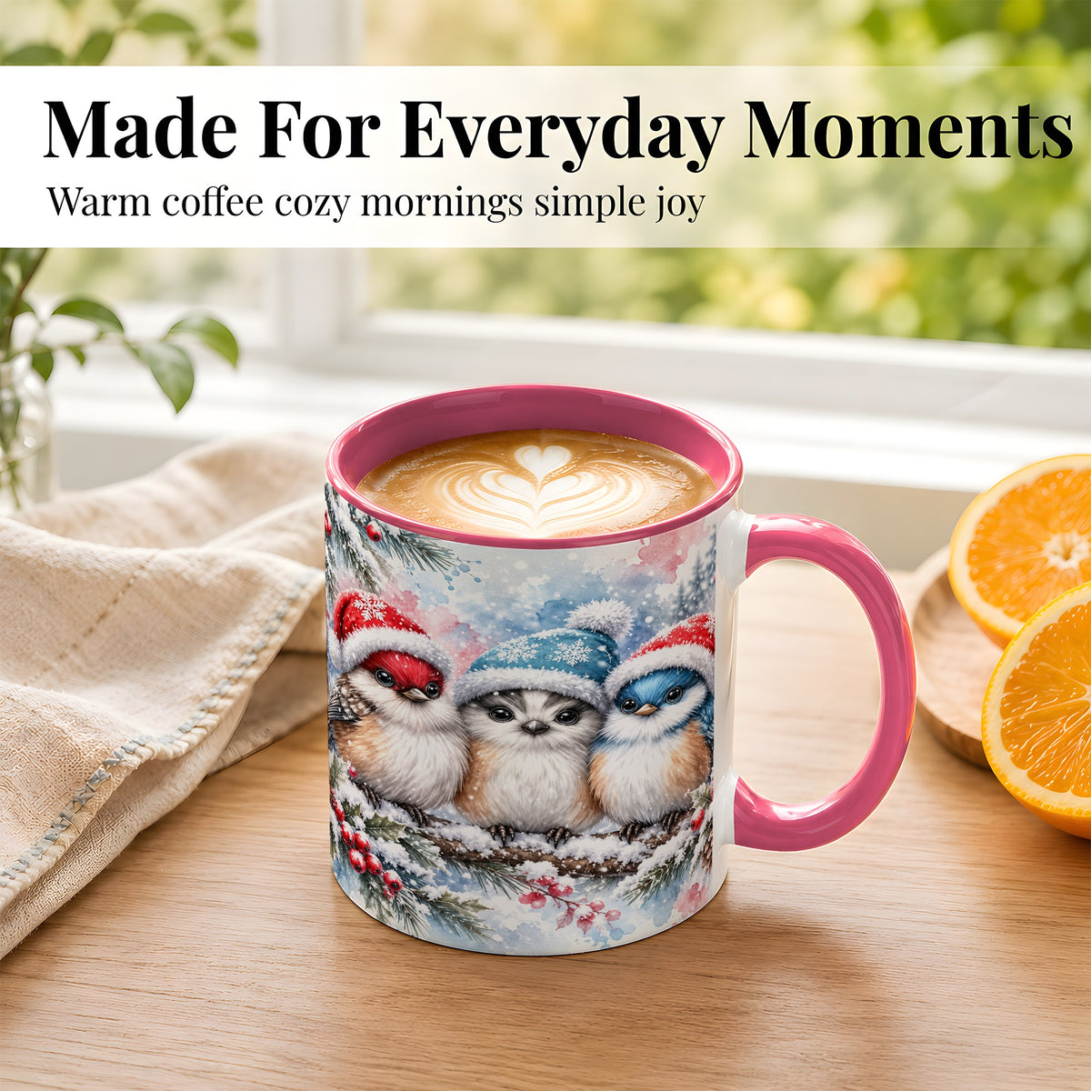 #pl[11oz|Pink] Christmas Birds Coffee Mug, Winter Songbird Mug, Ceramic Cup