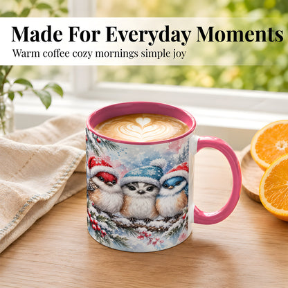 #pl[11oz|Pink] Christmas Birds Coffee Mug, Winter Songbird Mug, Ceramic Cup