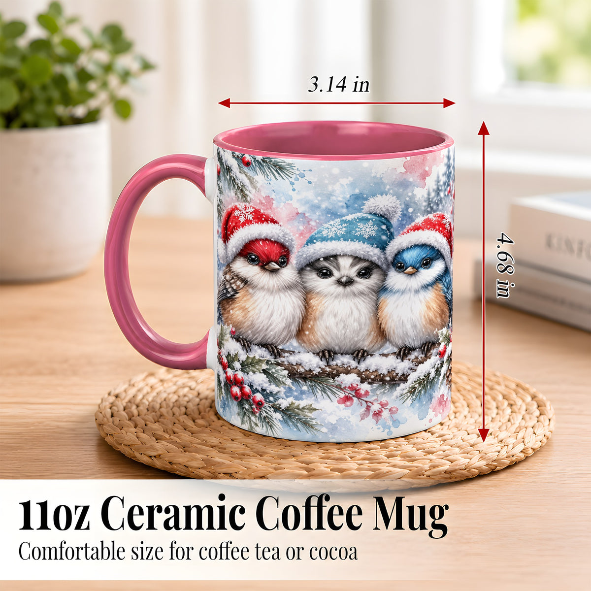 #pl[11oz|Pink] Christmas Birds Coffee Mug, Winter Songbird Mug, Ceramic Cup