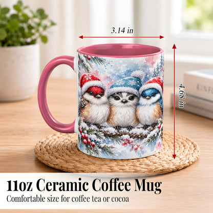 #pl[11oz|Pink] Christmas Birds Coffee Mug, Winter Songbird Mug, Ceramic Cup
