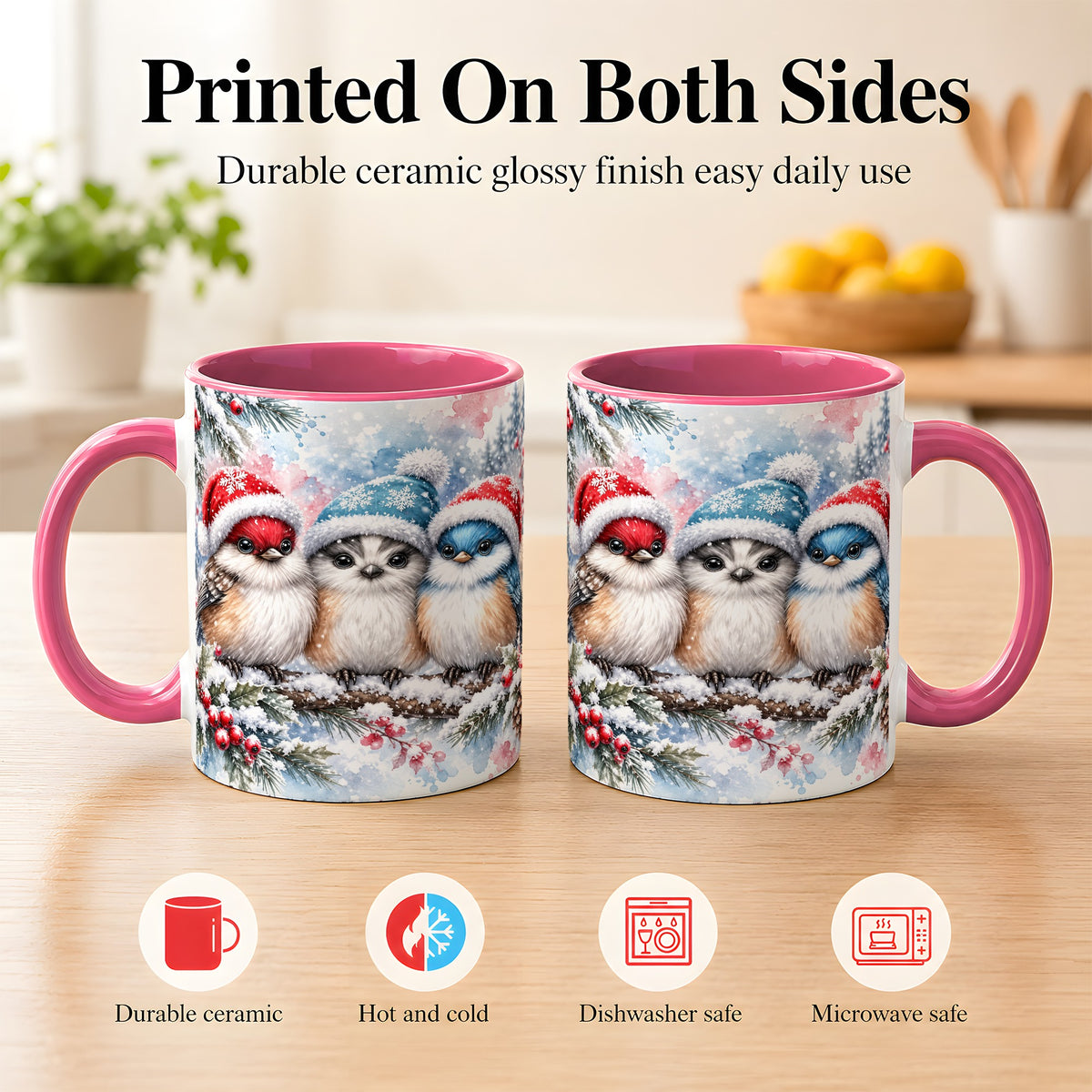 #pl[11oz|Pink] Christmas Birds Coffee Mug, Winter Songbird Mug, Ceramic Cup