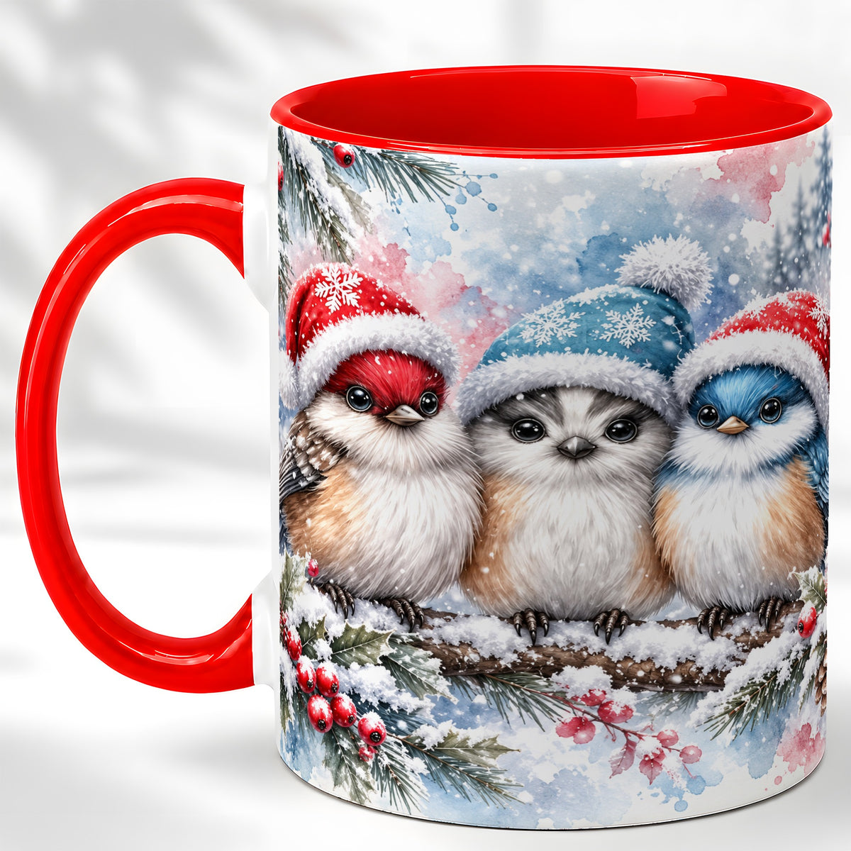 #pl[11oz|Red] Christmas Birds Coffee Mug, Winter Songbird Mug, Ceramic Cup