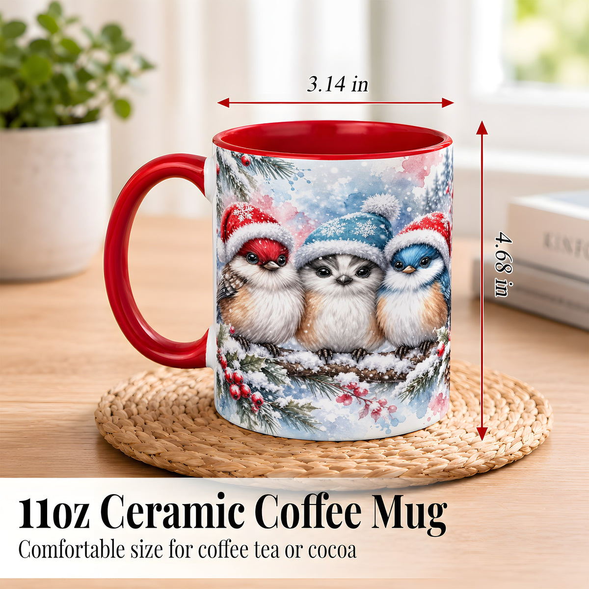 #pl[11oz|Red] Christmas Birds Coffee Mug, Winter Songbird Mug, Ceramic Cup