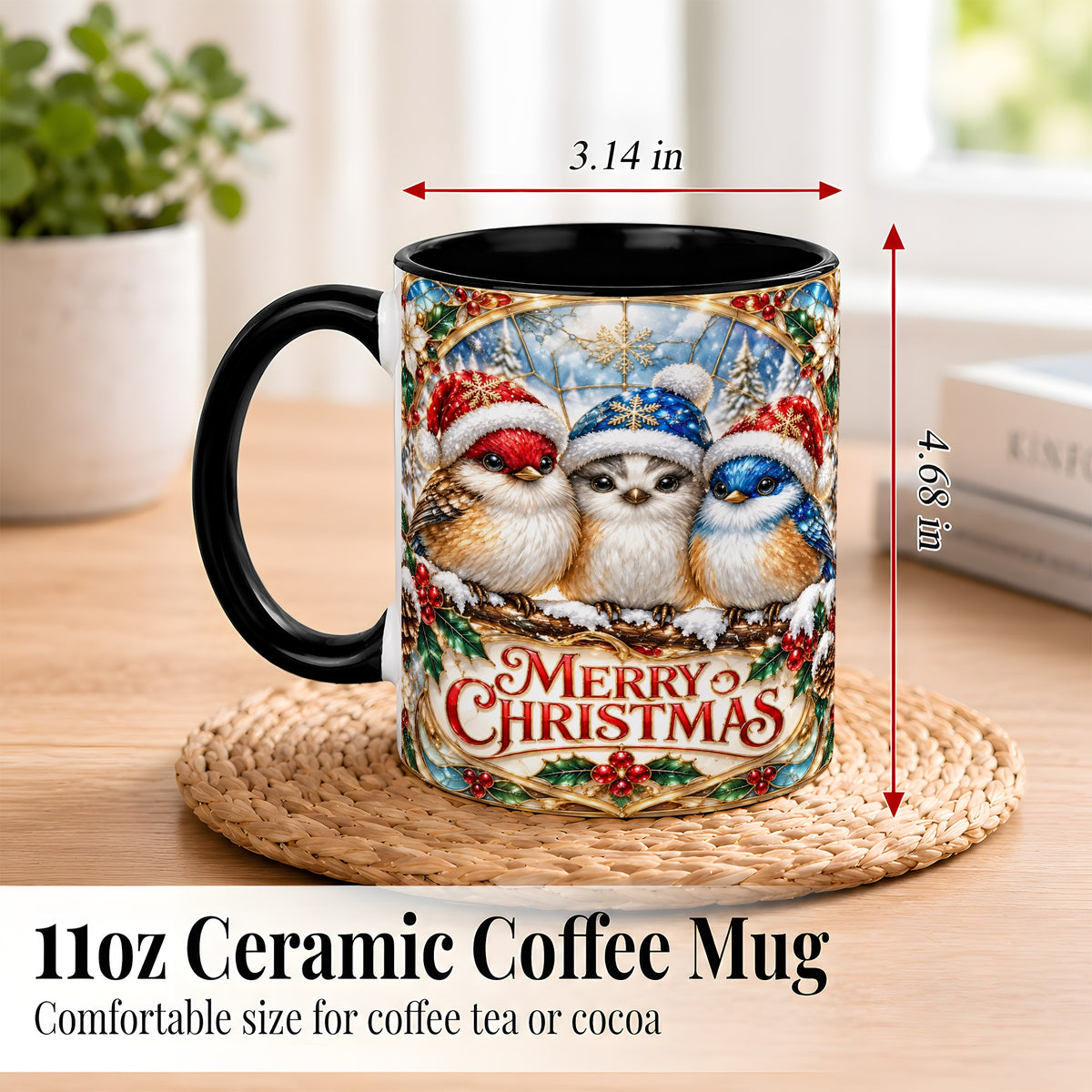 #pl[11oz|Black] Merry Christmas Birds Coffee Mug, Stained Glass Style Mug, Ceramic Cup