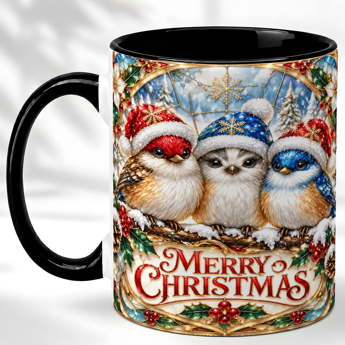 #pl[11oz|Black] Merry Christmas Birds Coffee Mug, Stained Glass Style Mug, Ceramic Cup