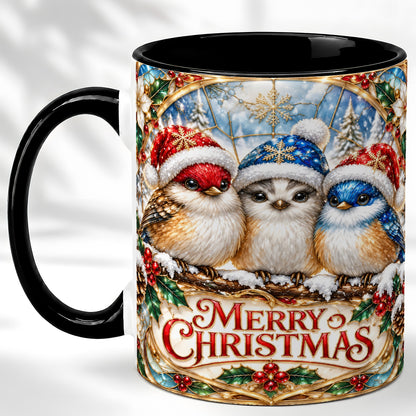 #pl[11oz|Black] Merry Christmas Birds Coffee Mug, Stained Glass Style Mug, Ceramic Cup