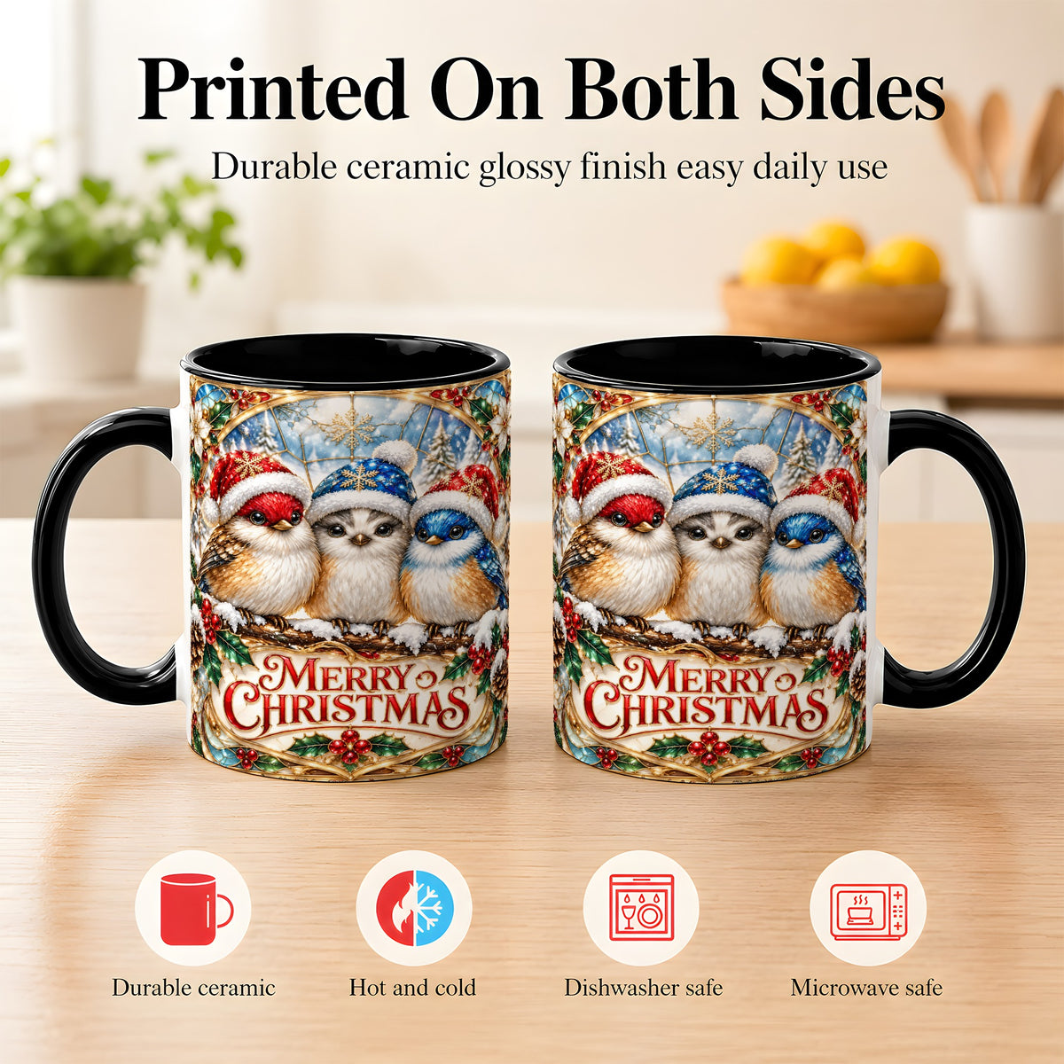 #pl[11oz|Black] Merry Christmas Birds Coffee Mug, Stained Glass Style Mug, Ceramic Cup