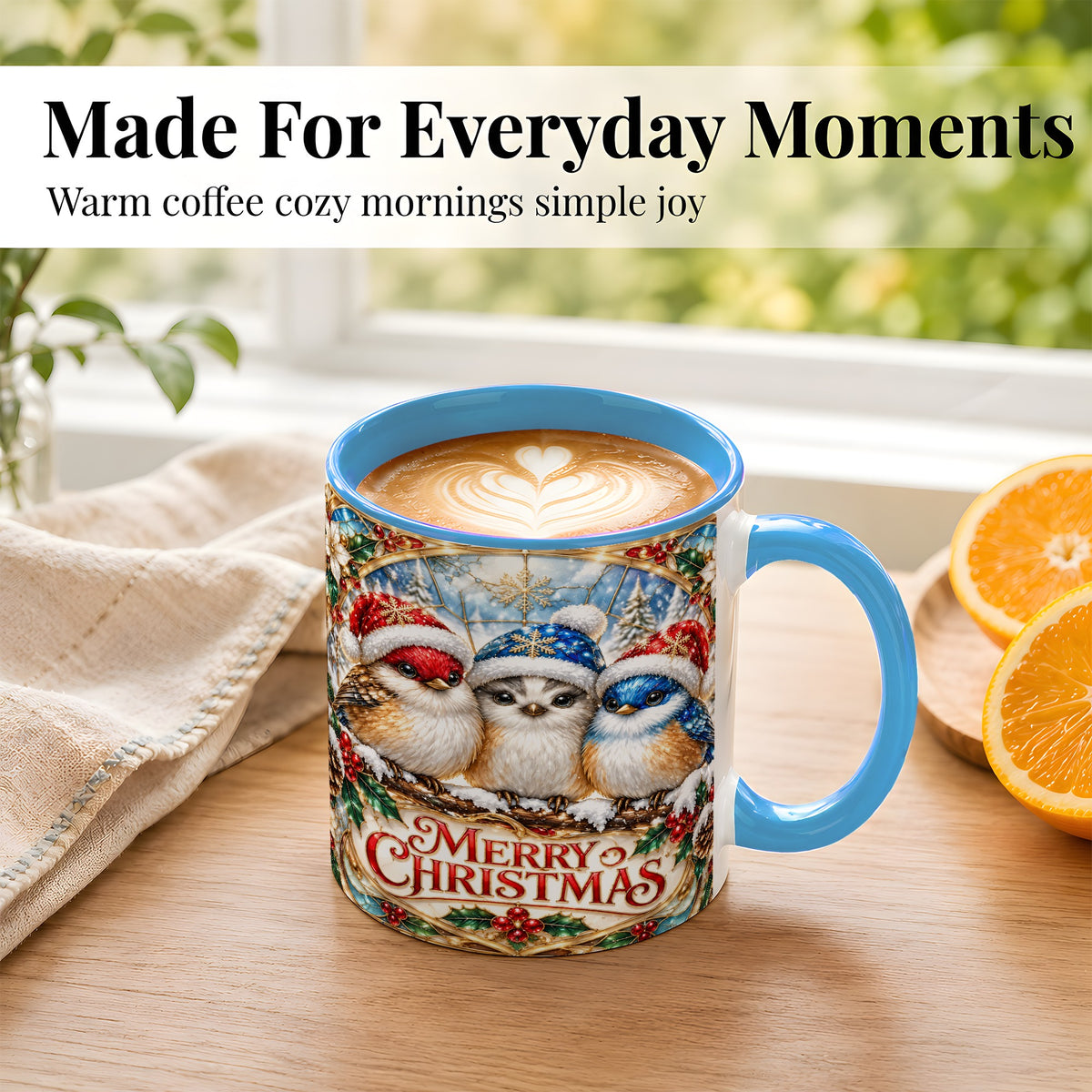 #pl[11oz|Blue] Merry Christmas Birds Coffee Mug, Stained Glass Style Mug, Ceramic Cup