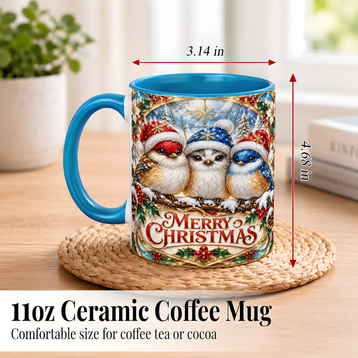 #pl[11oz|Blue] Merry Christmas Birds Coffee Mug, Stained Glass Style Mug, Ceramic Cup