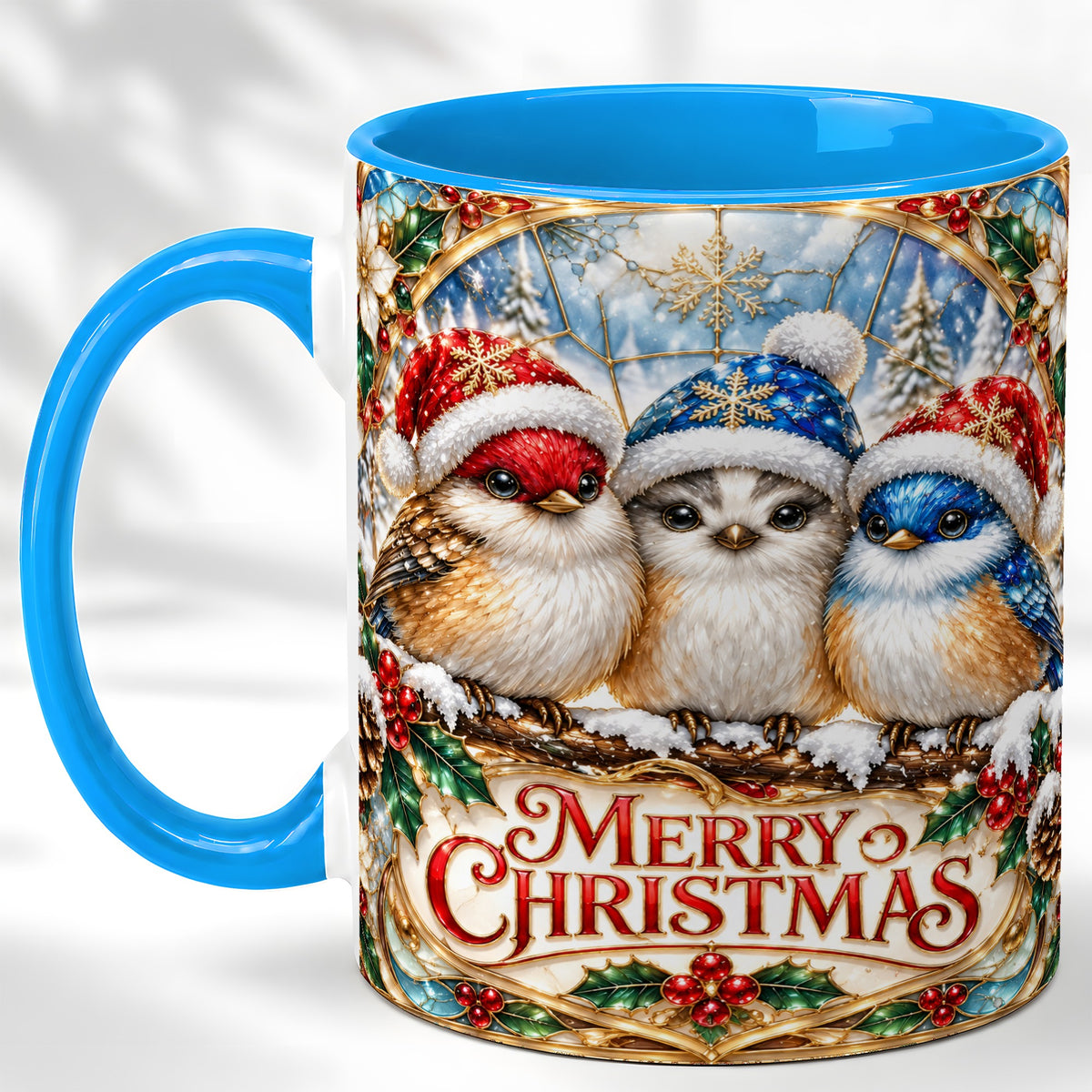 #pl[11oz|Blue] Merry Christmas Birds Coffee Mug, Stained Glass Style Mug, Ceramic Cup