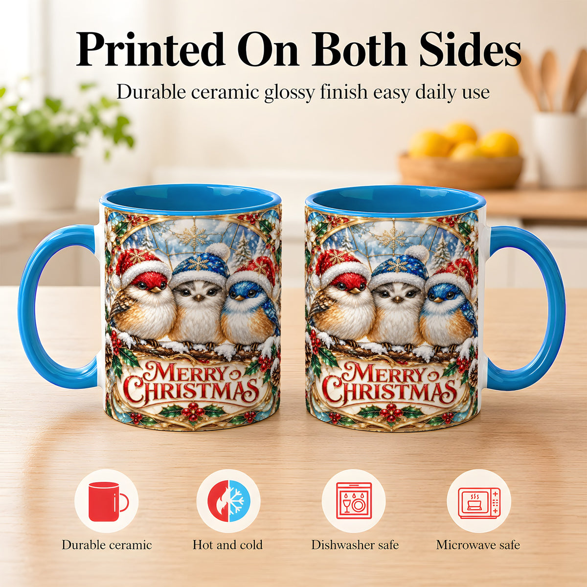#pl[11oz|Blue] Merry Christmas Birds Coffee Mug, Stained Glass Style Mug, Ceramic Cup