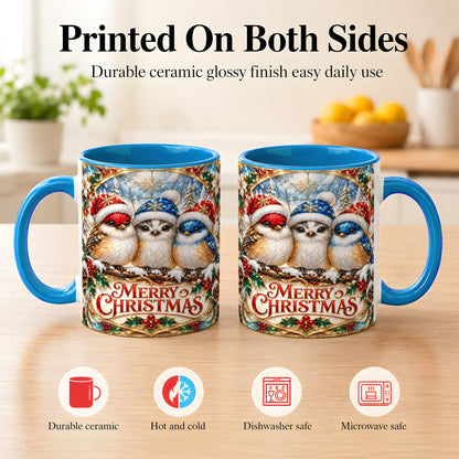 #pl[11oz|Blue] Merry Christmas Birds Coffee Mug, Stained Glass Style Mug, Ceramic Cup