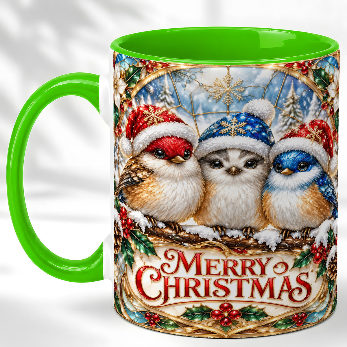 #pl[11oz|Green] Merry Christmas Birds Coffee Mug, Stained Glass Style Mug, Ceramic Cup