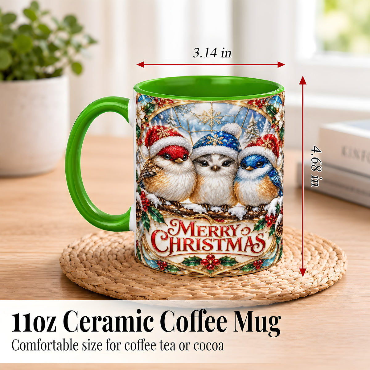 #pl[11oz|Green] Merry Christmas Birds Coffee Mug, Stained Glass Style Mug, Ceramic Cup