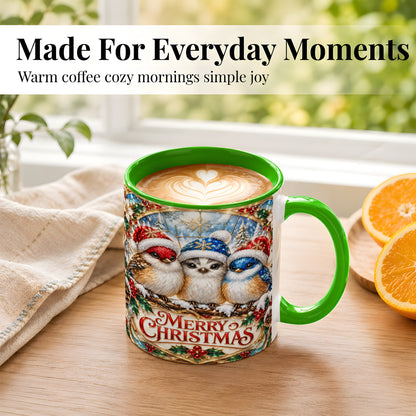 #pl[11oz|Green] Merry Christmas Birds Coffee Mug, Stained Glass Style Mug, Ceramic Cup