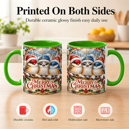 #pl[11oz|Green] Merry Christmas Birds Coffee Mug, Stained Glass Style Mug, Ceramic Cup