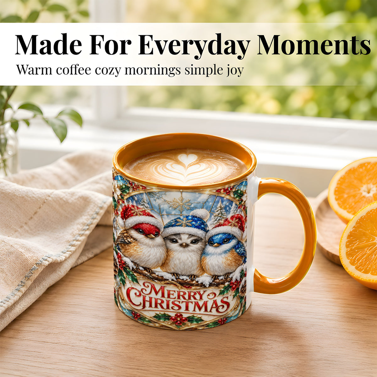 #pl[11oz|Orange] Merry Christmas Birds Coffee Mug, Stained Glass Style Mug, Ceramic Cup
