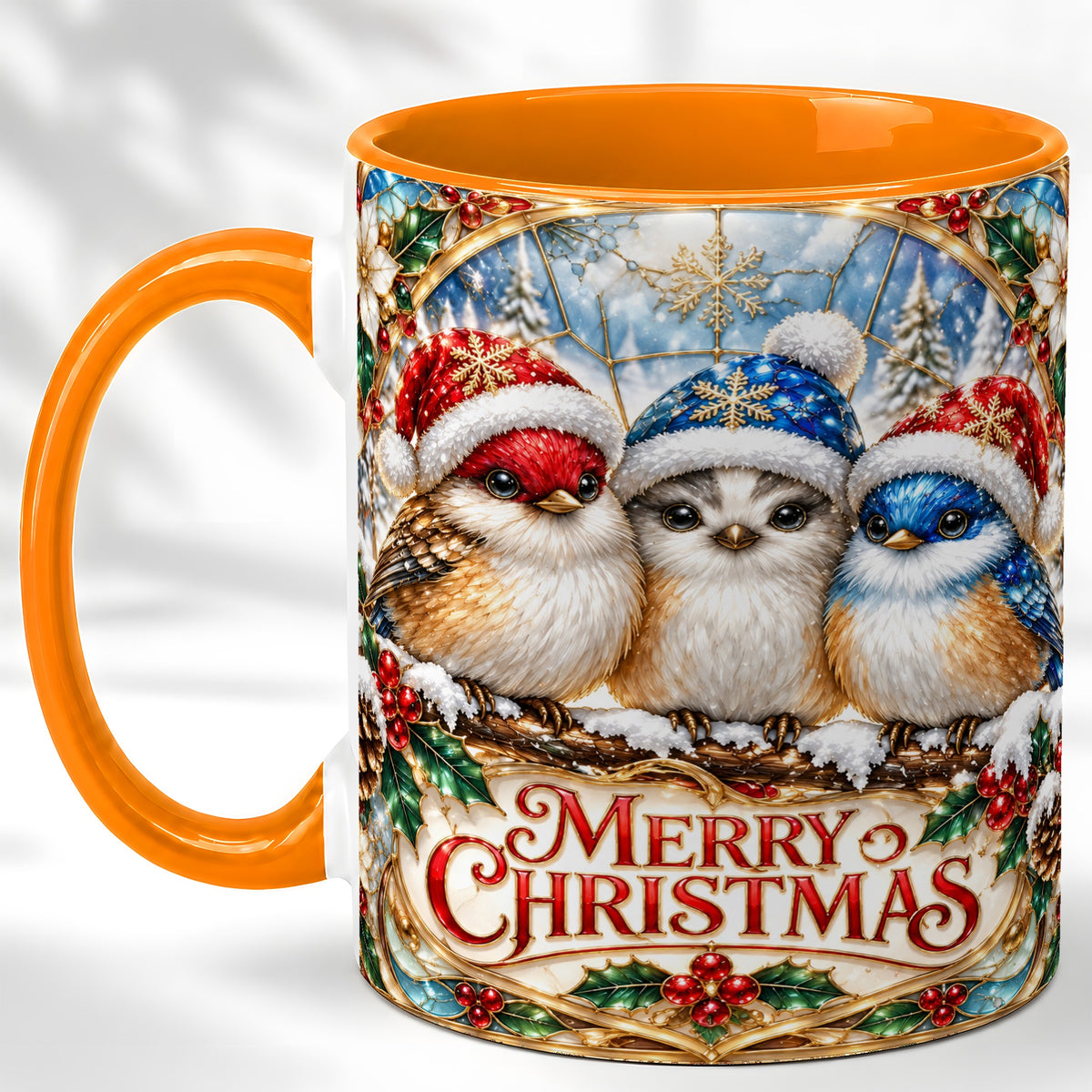 #pl[11oz|Orange] Merry Christmas Birds Coffee Mug, Stained Glass Style Mug, Ceramic Cup