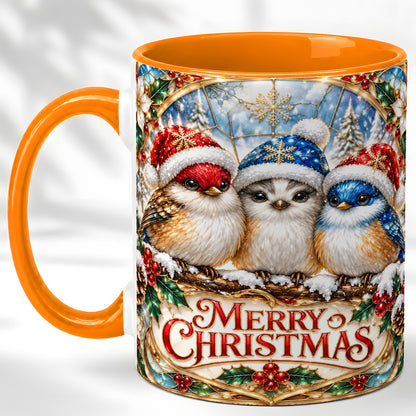 #pl[11oz|Orange] Merry Christmas Birds Coffee Mug, Stained Glass Style Mug, Ceramic Cup